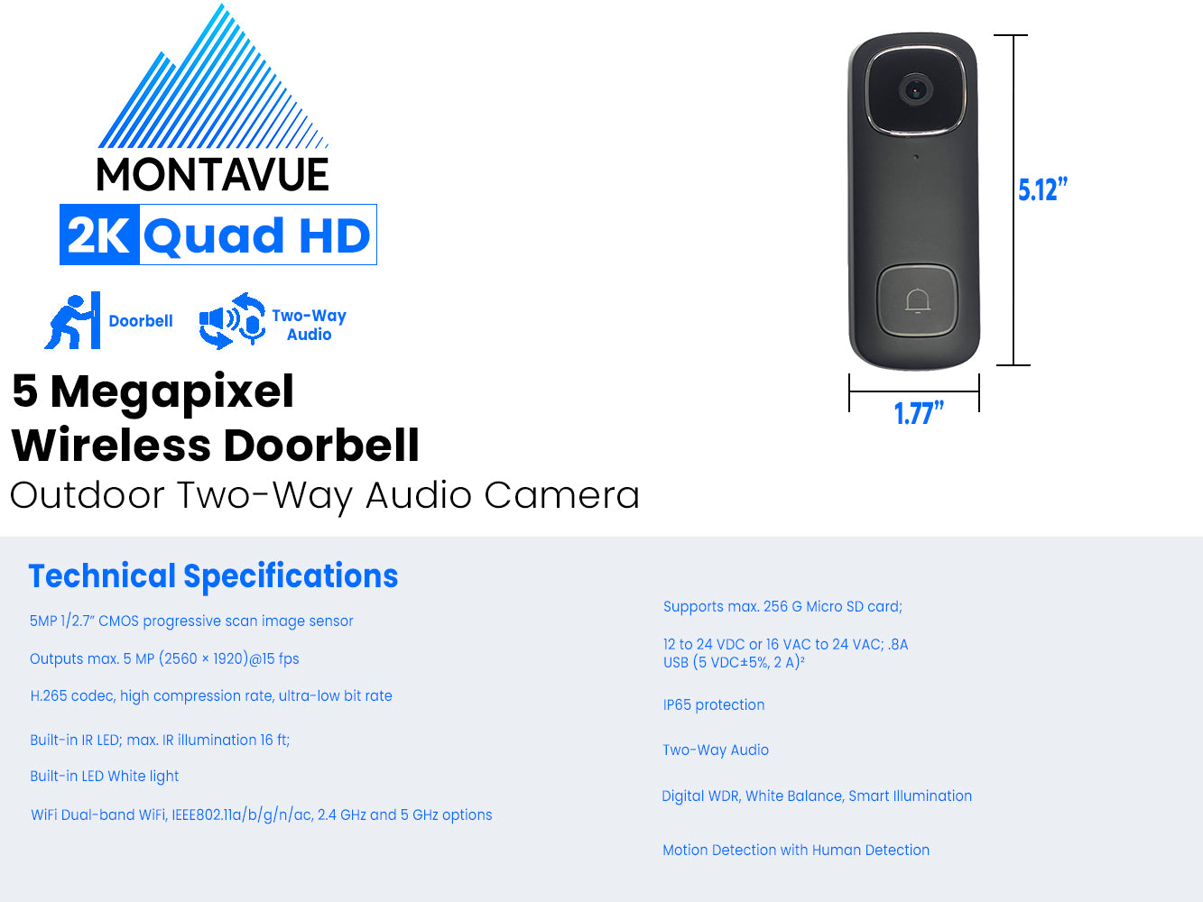 Open Box DH-DB6i | 5MP 2K Black Wi-Fi Doorbell Camera with 2-Way Audio and Human Detection