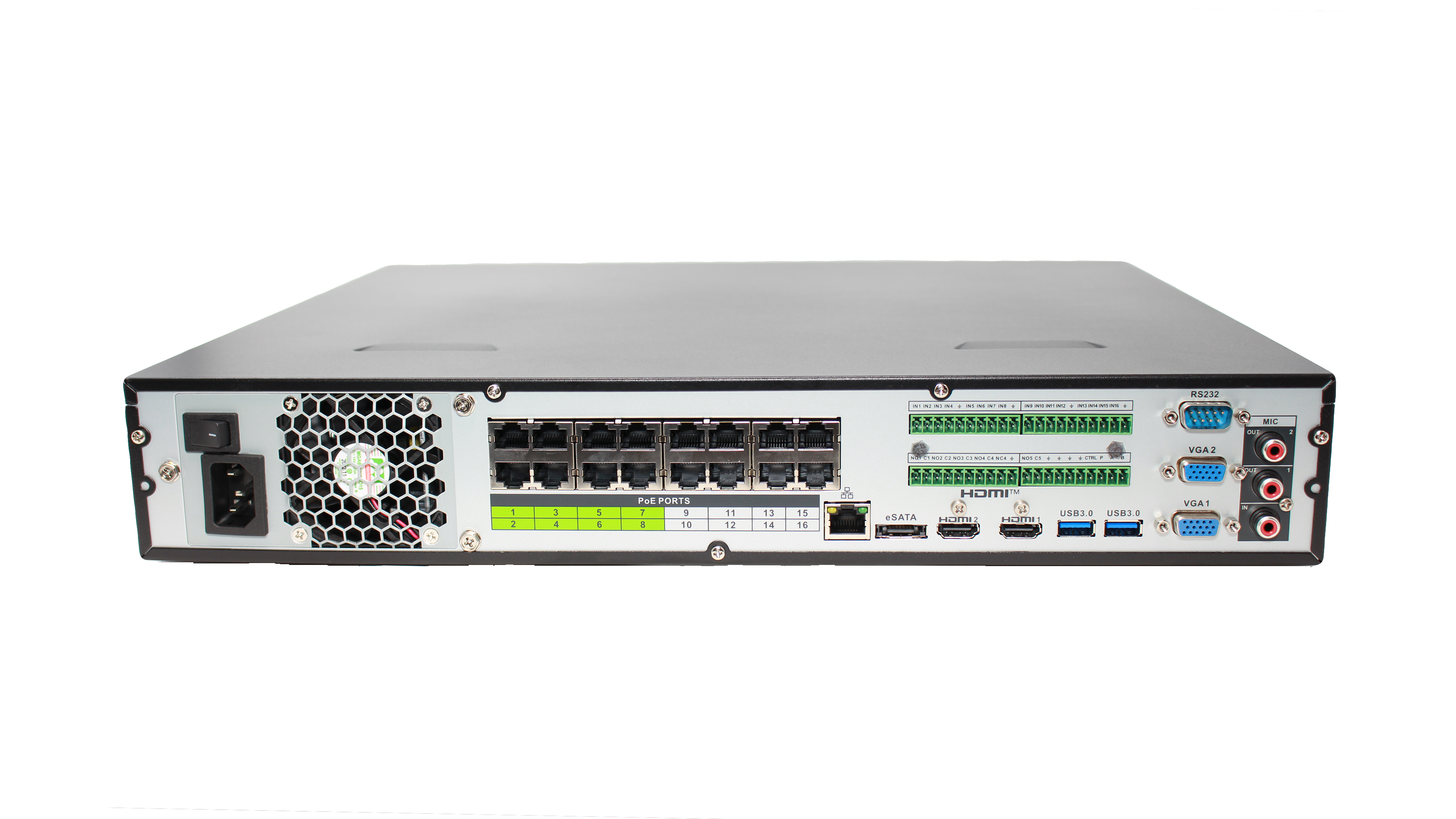 MNR5432-16P-AI | 32 Channel 4K H.265+ Pro-AI NVR with 80TB (4x20TB) HDD Max Internal Capacity, eSATA Expandable - HDDs Not Included