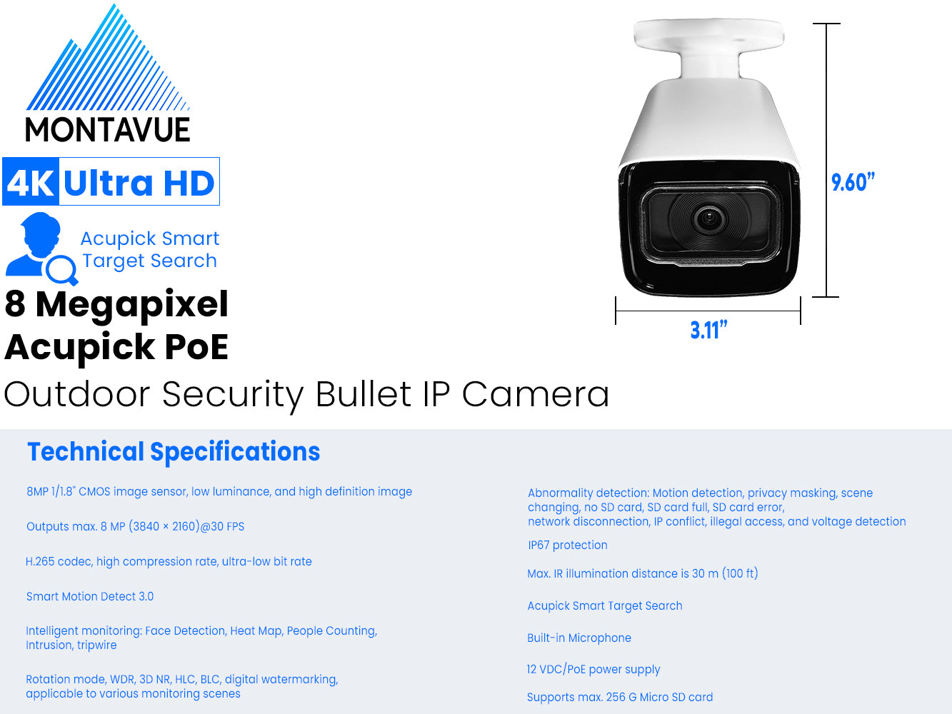 MTB8110-SMD3 | 8MP 4K 30FPS Acupick Bullet Camera with ePoE and SMD 3.0