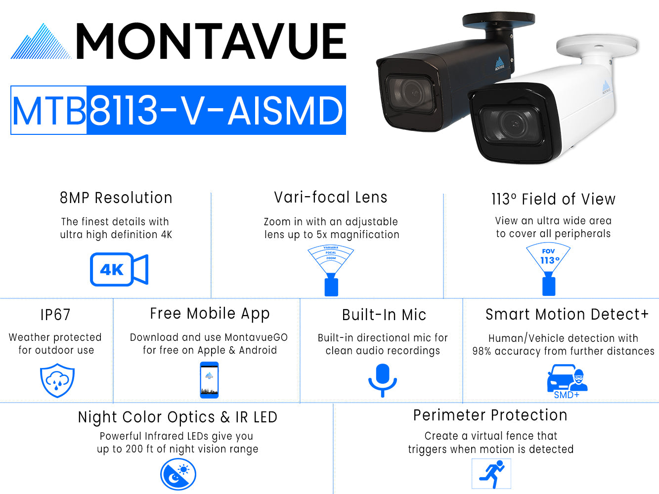 Open Box MTB8113-V-AISMD-W | 8MP 4K Varifocal Bullet Security Camera with Smart Motion Detection