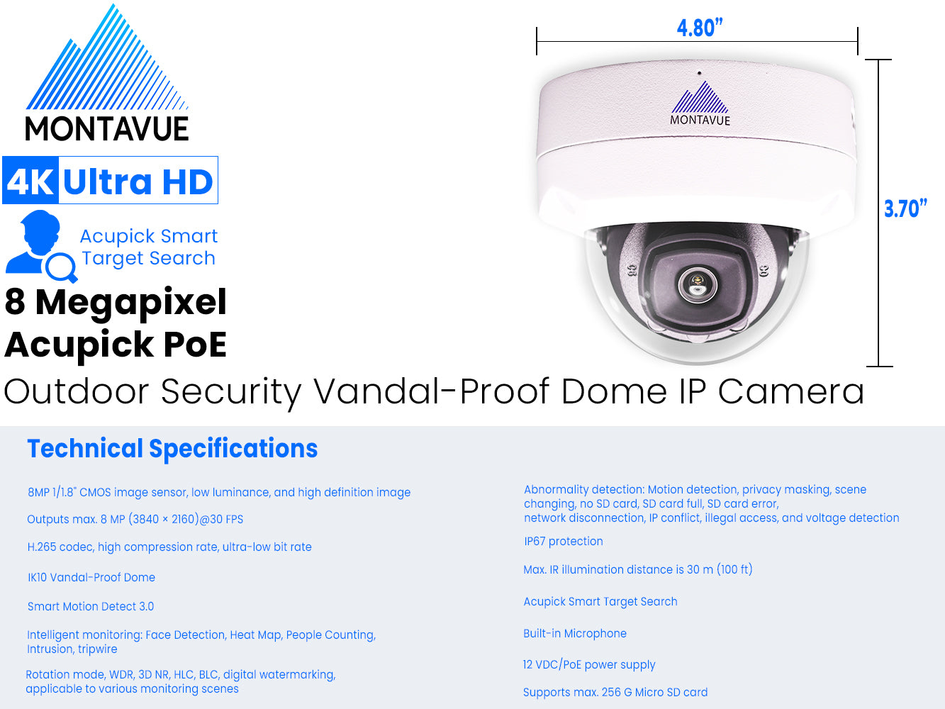 MTD8110-SMD3 | 8MP 4K 30FPS Acupick Vandal-Proof Dome Camera with ePoE and SMD 3.0