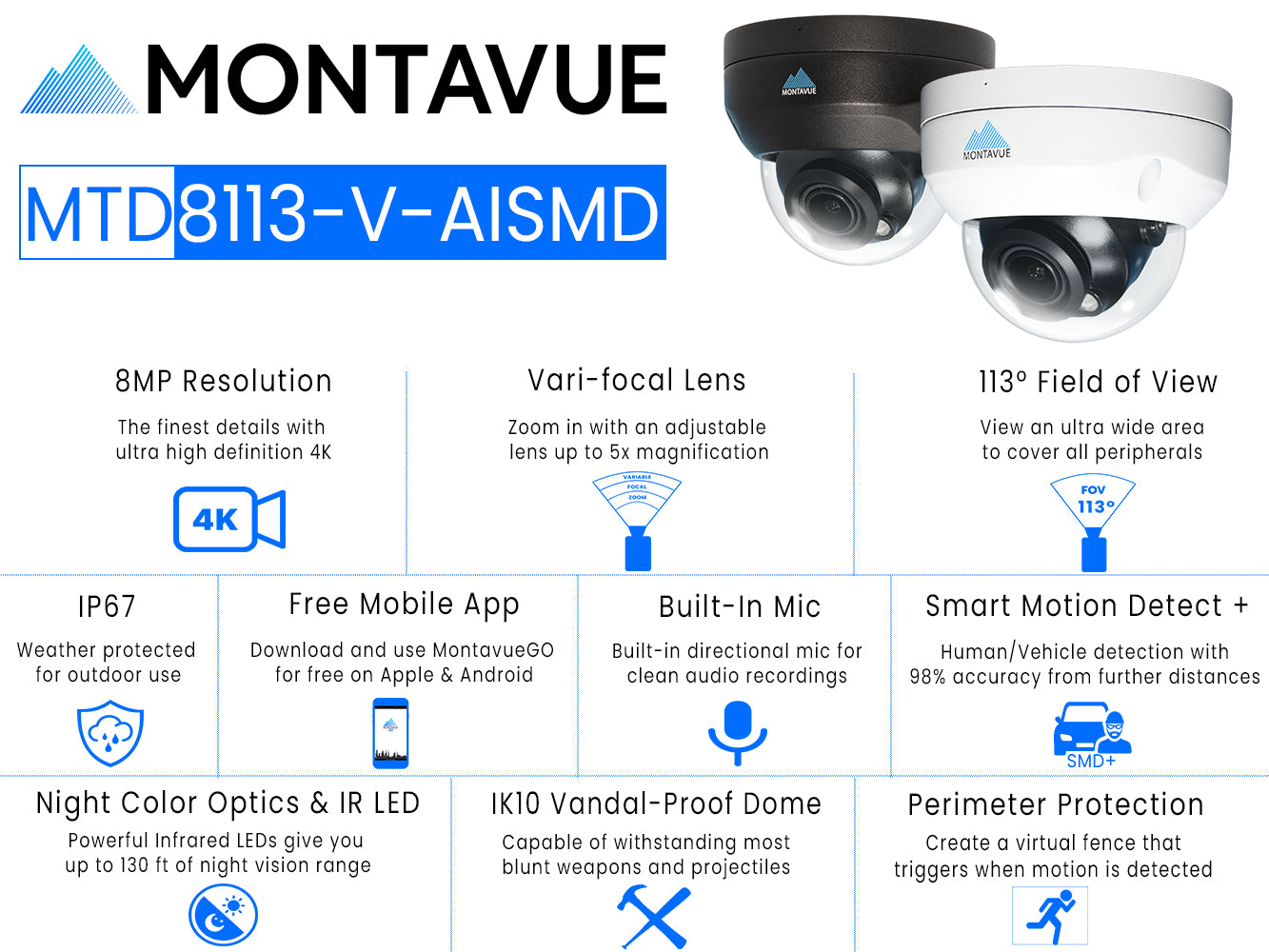 Open Box MTD8113-V-AISMD| 8MP 4K Varifocal IK10 Dome Security Camera with Smart Motion Detection