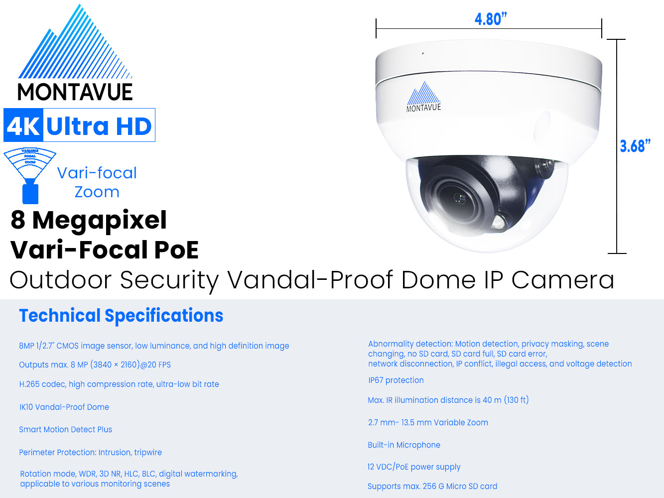 Open Box MTD8113-V-AISMD| 8MP 4K Varifocal IK10 Dome Security Camera with Smart Motion Detection