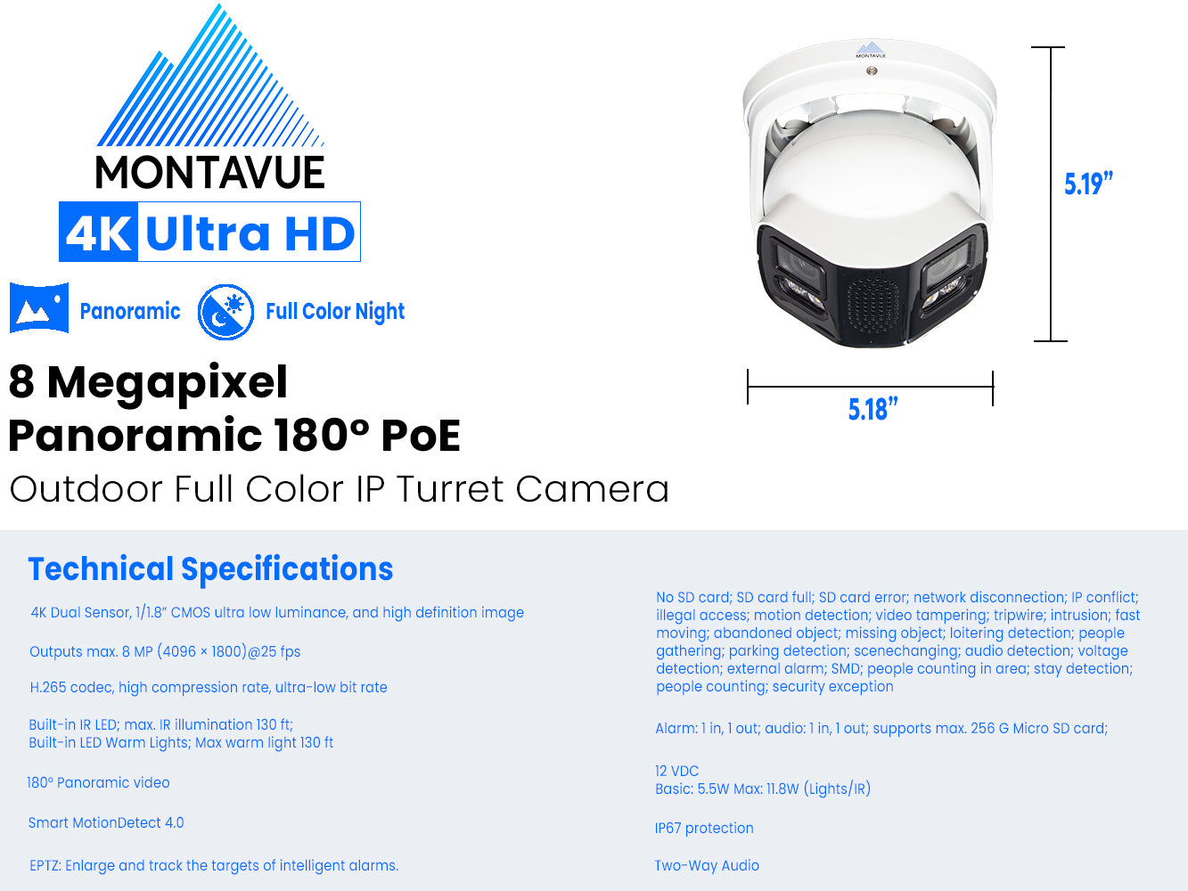 8MP 4K 180° Panoramic Full Color AISMD Turret Camera - MTT180